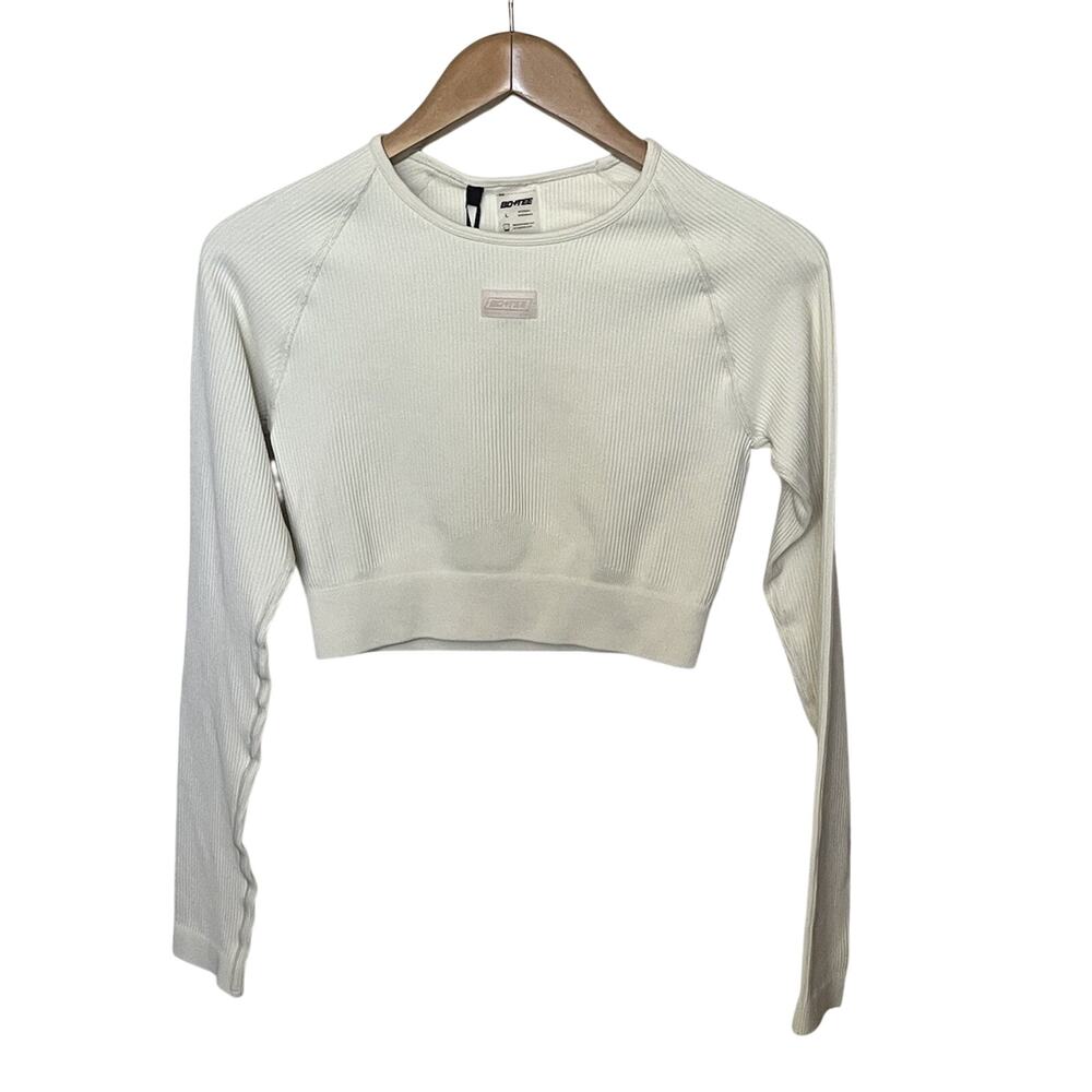 Bo+Tee Long Sleeve Crop Top Women’s Size Large Cream Ivory Ribbed Activewear